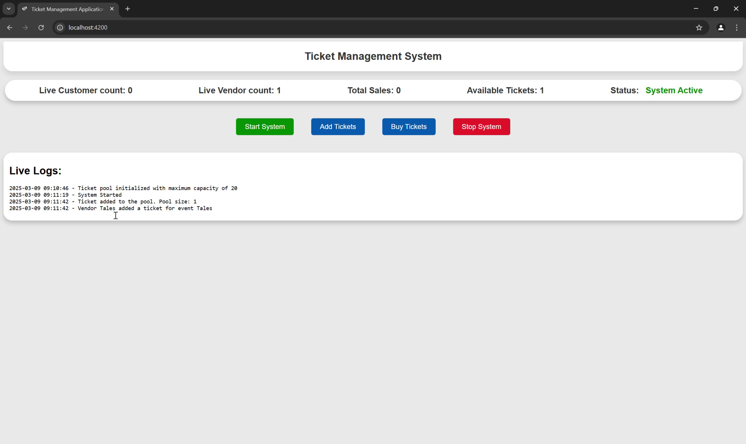 Ticket Manager original application interface